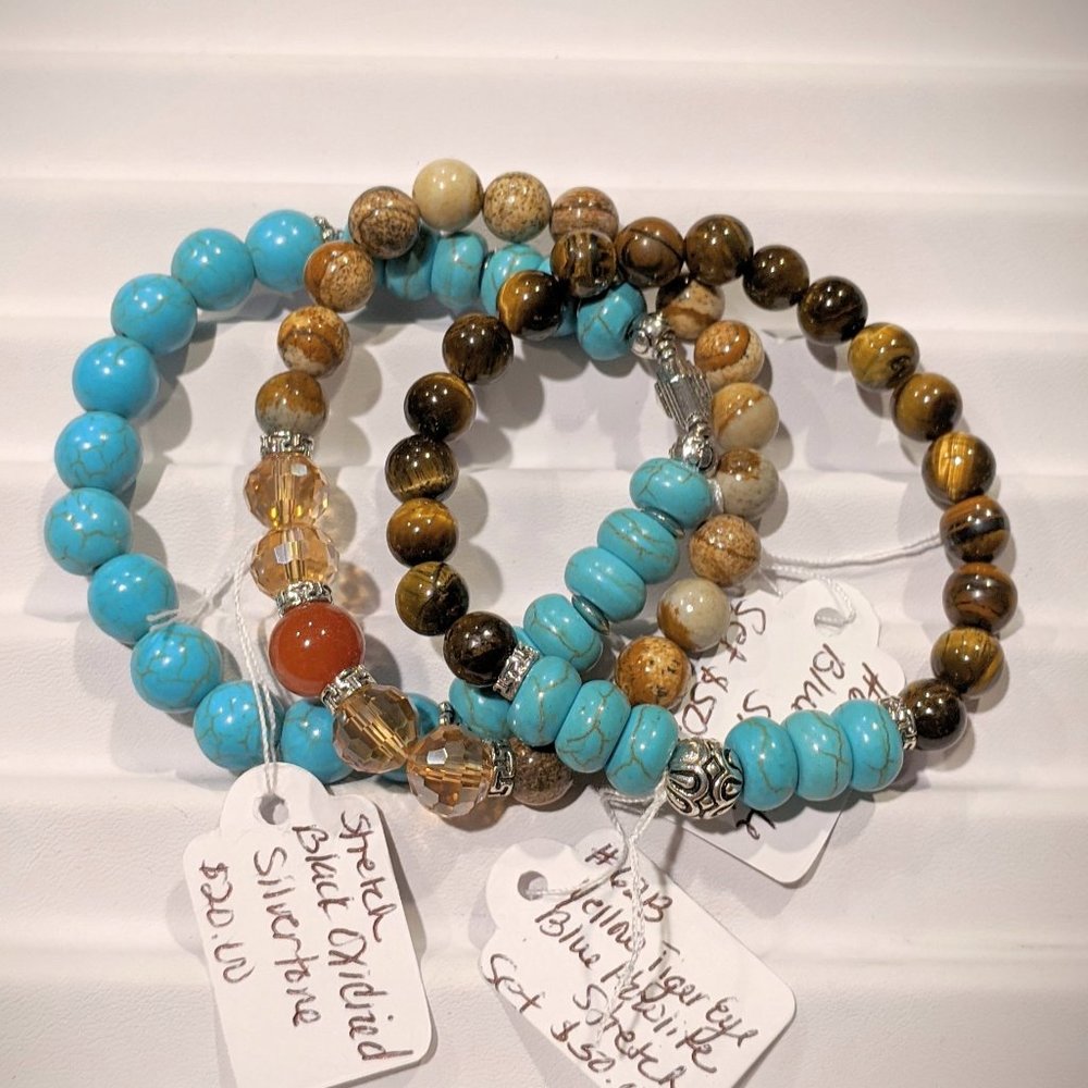 3 Blue Howlite, Multi Gemstone Bead Bracelets